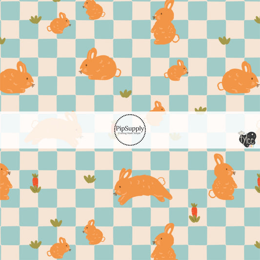Brown Bunnies and Carrots on Blue and Cream Checkered Fabric by the Yard