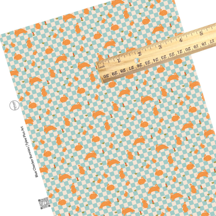 These pastel checkered pattern faux leather sheets contain the following design elements: bunnies and tiny flowers on light blue and cream checkered pattern. Our CPSIA compliant faux leather sheets or rolls can be used for all types of crafting projects. 