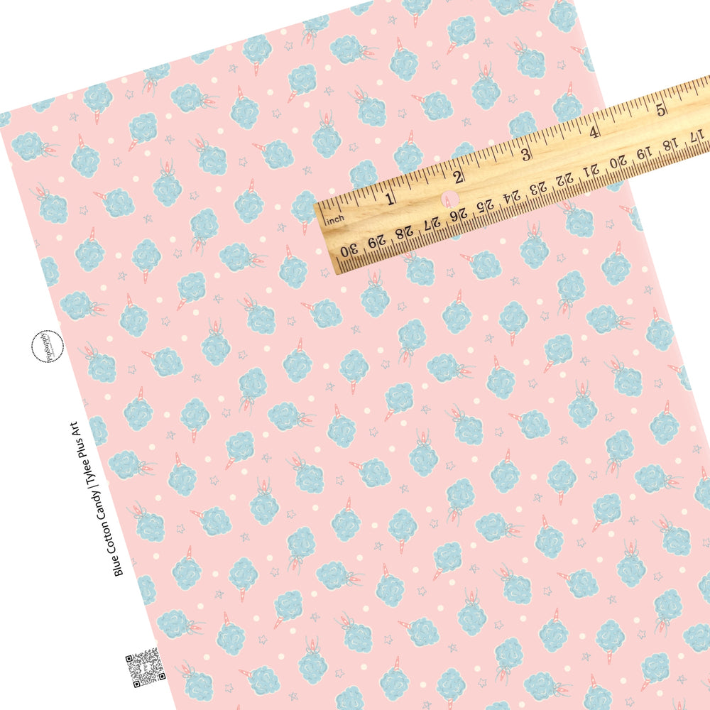 These pastel faux leather sheets contain the following design elements: blue cotton candy treats on light pink. Our CPSIA compliant faux leather sheets or rolls can be used for all types of crafting projects. 