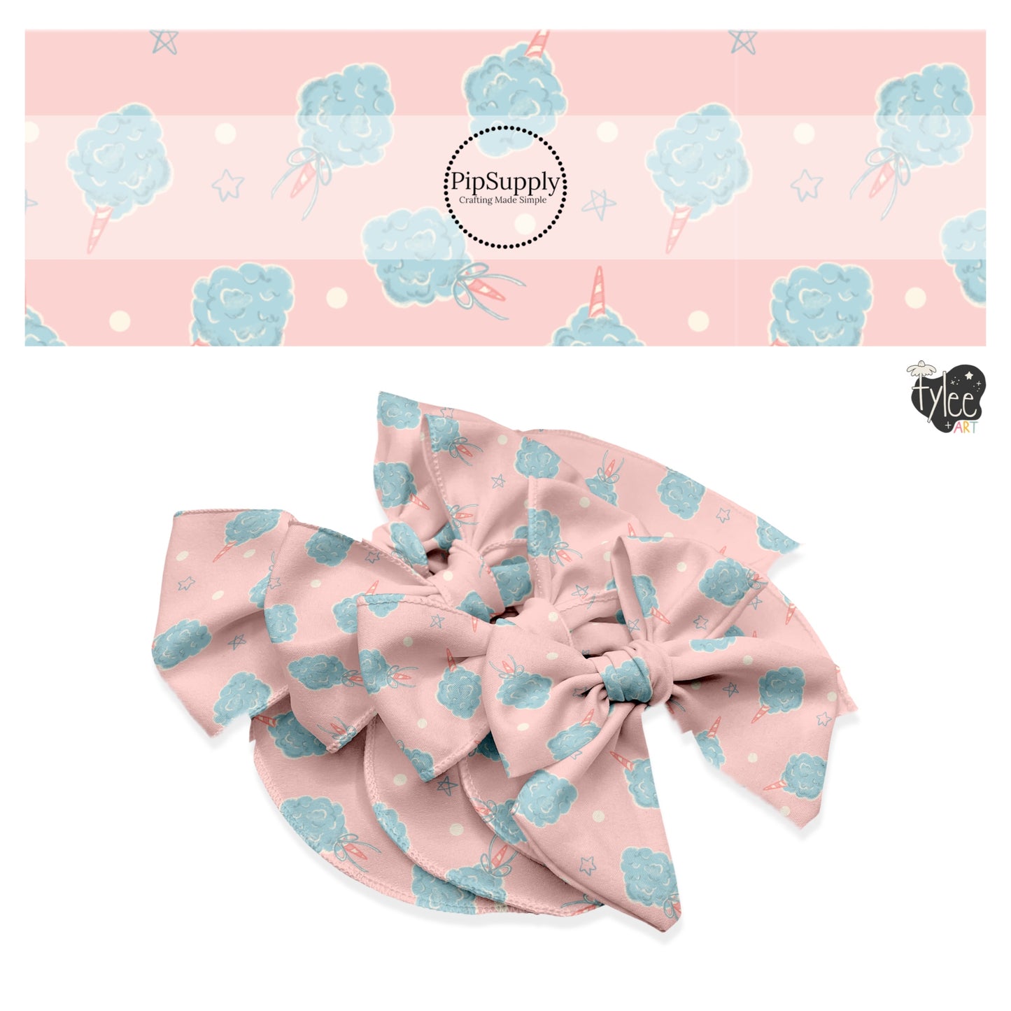 These pastel themed no sew bow strips can be easily tied and attached to a clip for a finished hair bow. These patterned bow strips are great for personal use or to sell. These bow strips features blue cotton candy treats on light pink.