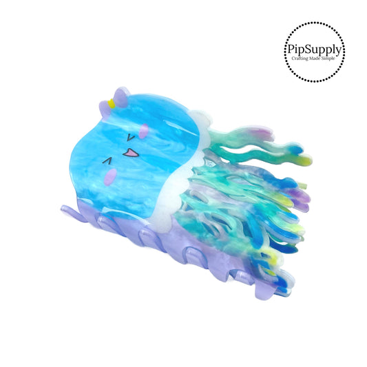 These blue jellyfish acrylic claw clips are a stylish hair accessory and are perfect for a summer up-do hairstyle. These acrylic clips come with a jaw clip already attached. These cute jellyfish hair clips are ready to wear or to sell to others.