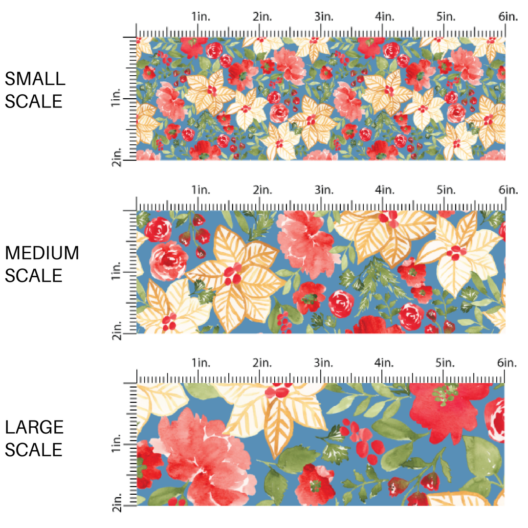 This scale chart of small scale, medium scale, and large scale of these holiday pattern themed fabric by the yard features red and ivory colored Christmas flowers on blue. This fun Christmas fabric can be used for all your sewing and crafting needs!