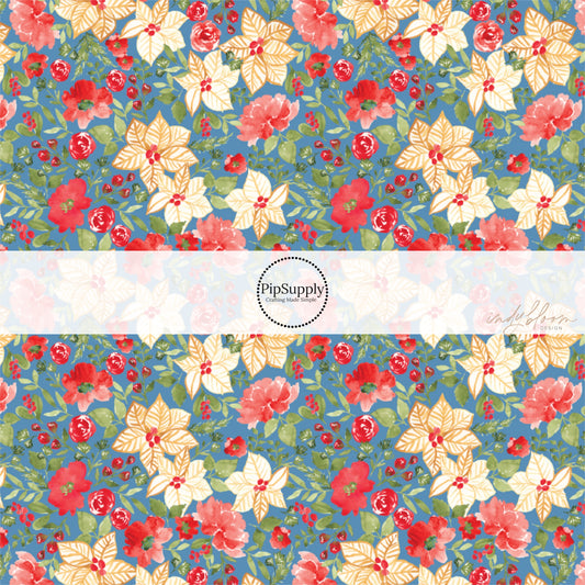 These holiday pattern themed fabric by the yard features red and ivory colored Christmas flowers on blue. This fun Christmas fabric can be used for all your sewing and crafting needs!