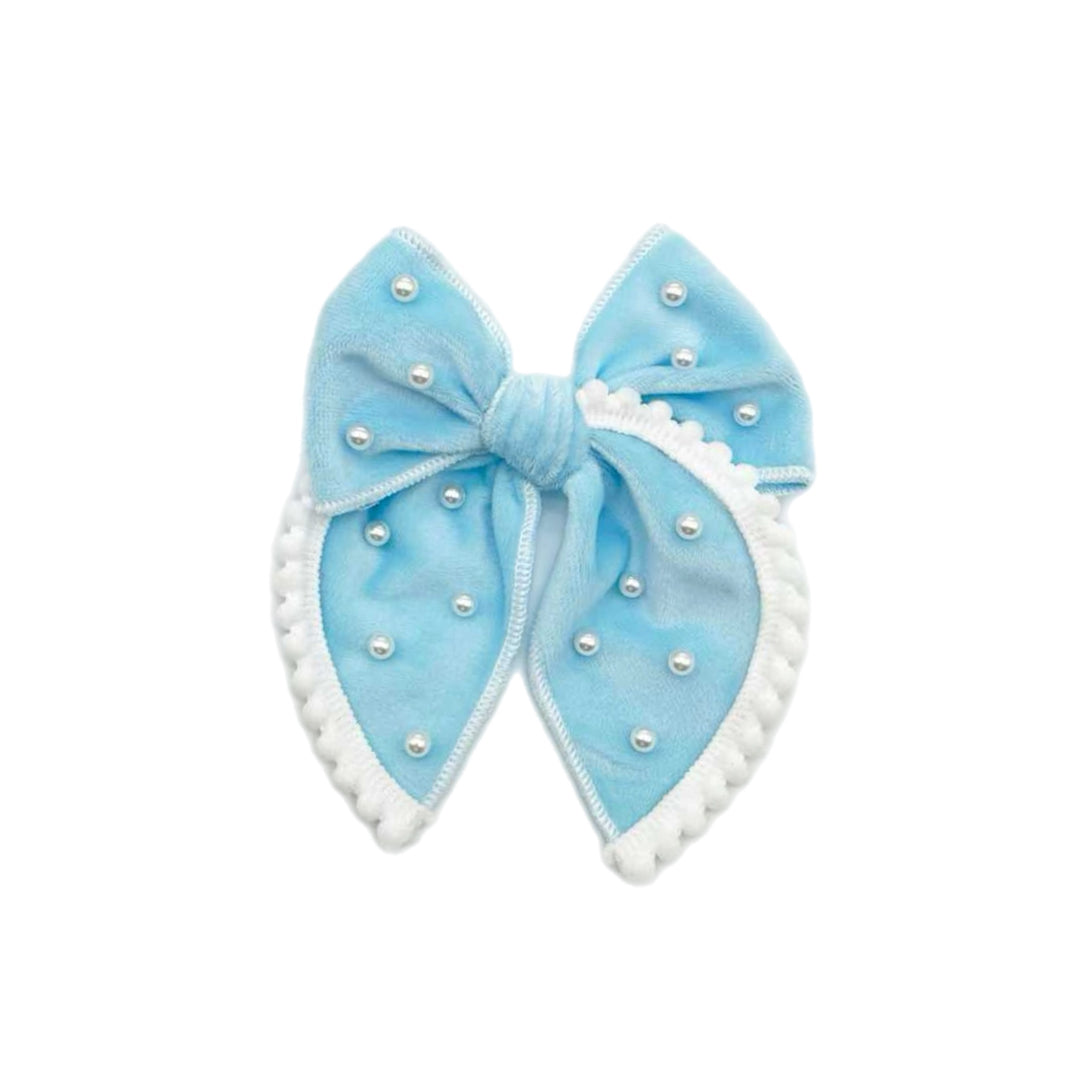 Blue Velvet Pearl Pom Trim Hair Bow TIED With Clip