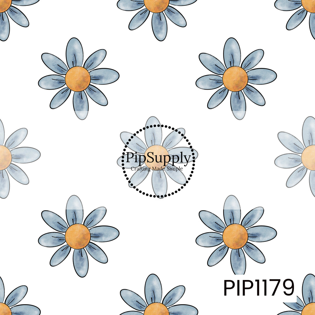 A sweet and simple floral print featuring oversized dusty blue daisies with warm golden yellow centers scattered across a crisp white background. Soft watercolor-style shading gives the blue petals a slightly textured, hand-painted look, while thin dark outlines add a playful illustrated finish. The generous spacing between each flower keeps the design light and airy, creating a cheerful mix of cottage charm, sunny simplicity, and vintage-inspired style.
