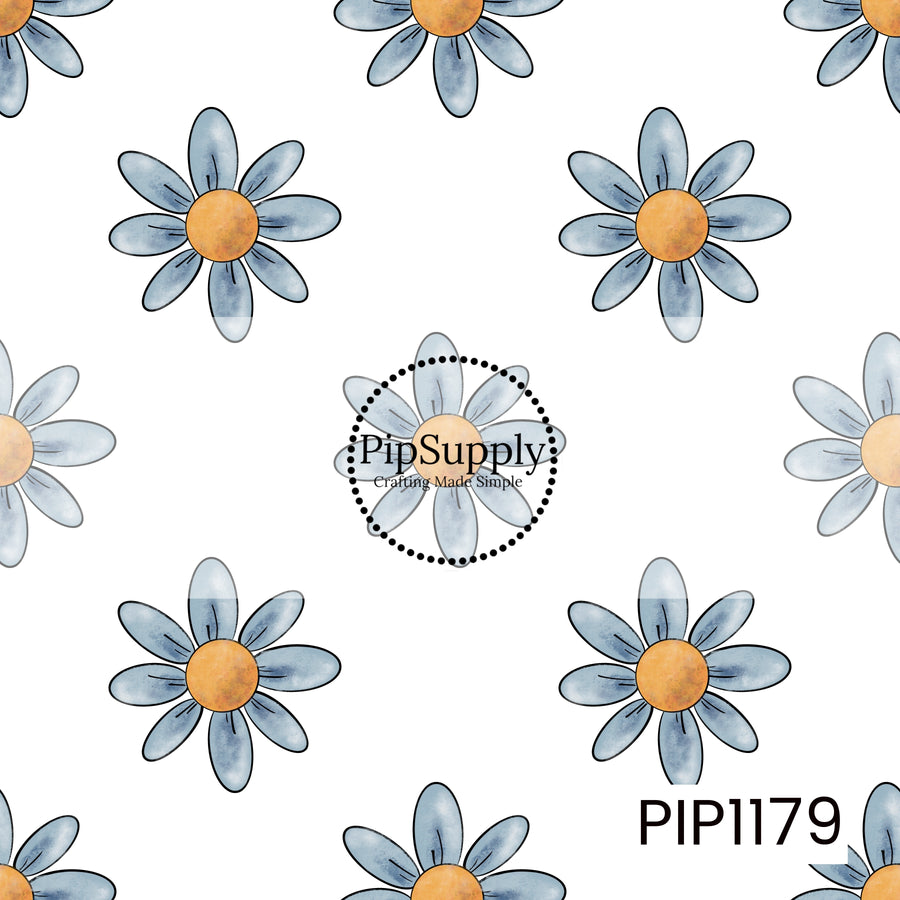 A sweet and simple floral print featuring oversized dusty blue daisies with warm golden yellow centers scattered across a crisp white background. Soft watercolor-style shading gives the blue petals a slightly textured, hand-painted look, while thin dark outlines add a playful illustrated finish. The generous spacing between each flower keeps the design light and airy, creating a cheerful mix of cottage charm, sunny simplicity, and vintage-inspired style.

