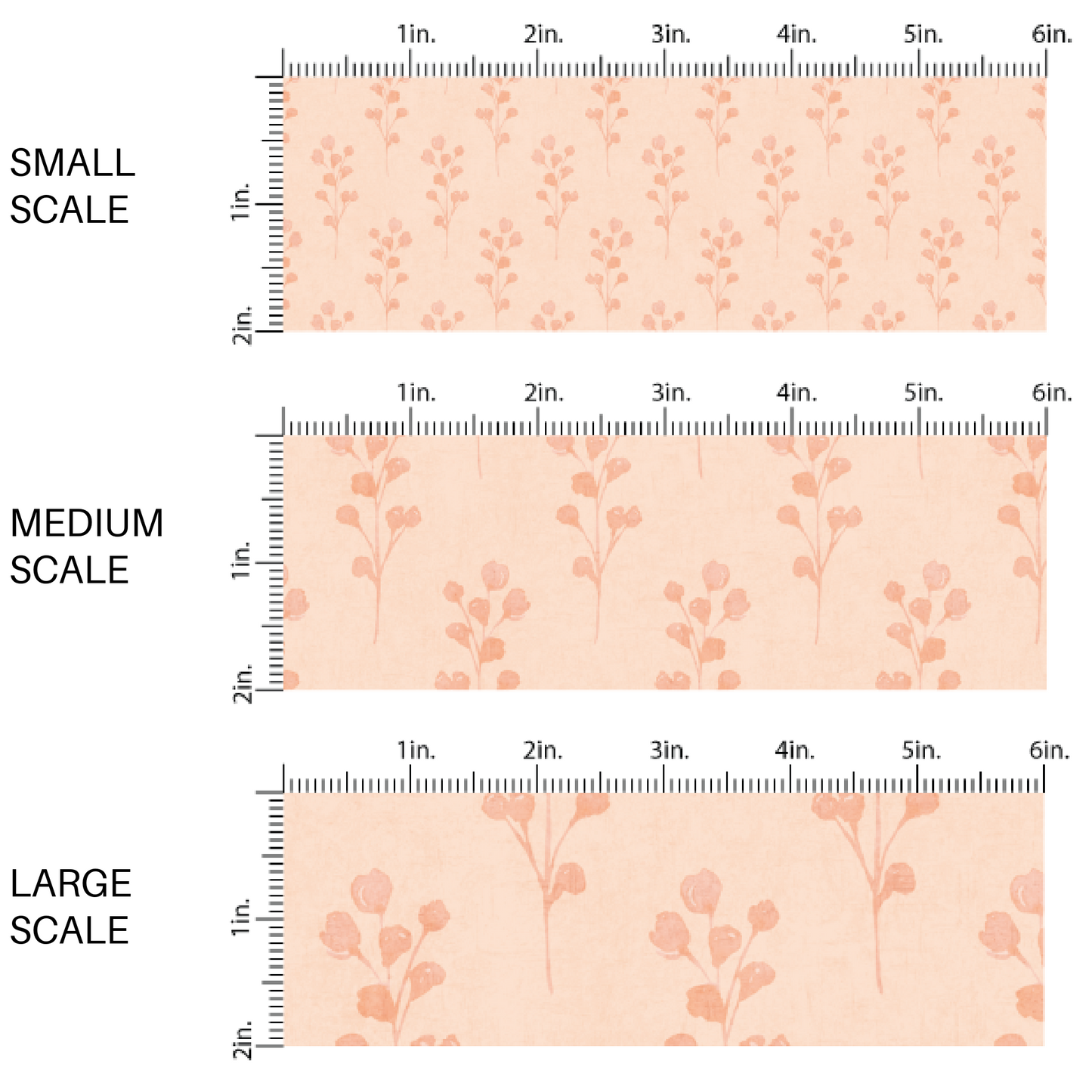 This scale chart of small scale, medium scale, and large scale of these flower pattern themed fabric by the yard features pink sprigs on light pink. This fun floral fabric can be used for all your sewing and crafting needs!