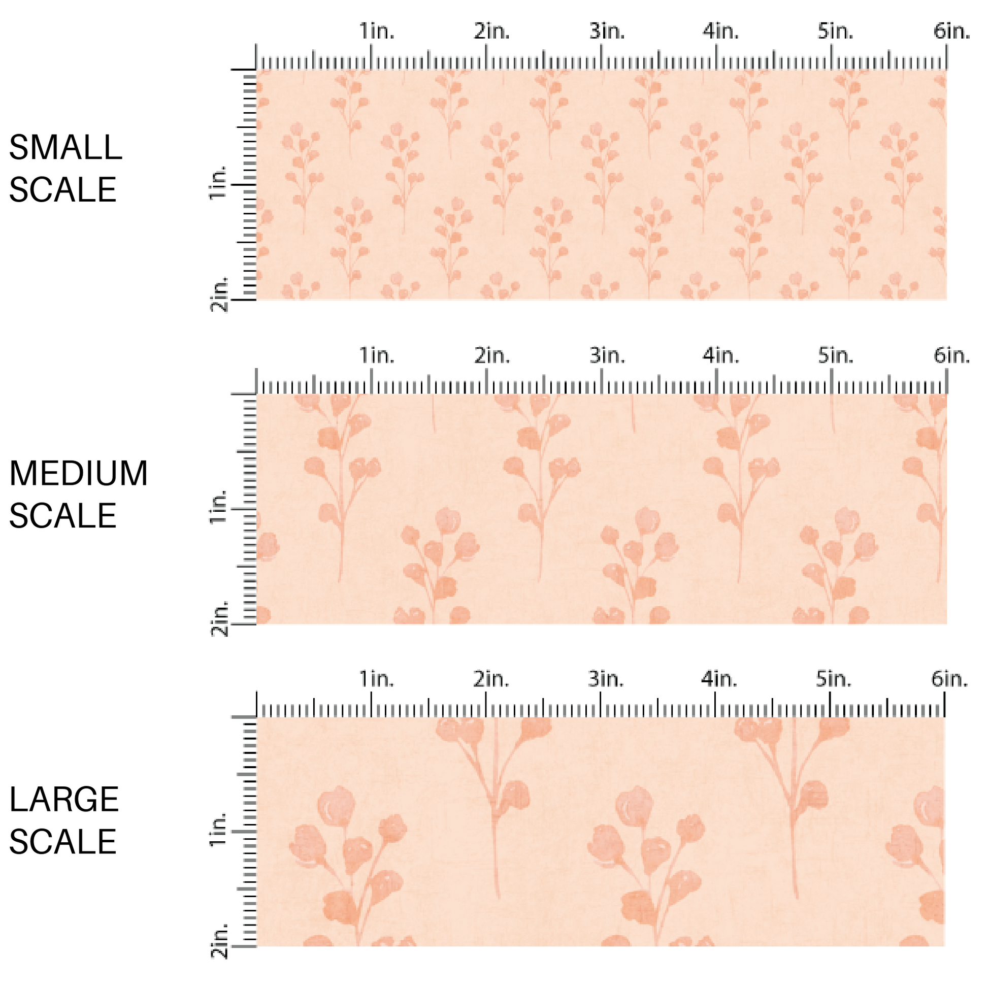 This scale chart of small scale, medium scale, and large scale of these flower pattern themed fabric by the yard features pink sprigs on light pink. This fun floral fabric can be used for all your sewing and crafting needs!