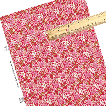 These Valentine's pattern themed faux leather sheets contain the following design elements: blushing floral blooms on red. Our CPSIA compliant faux leather sheets or rolls can be used for all types of crafting projects.