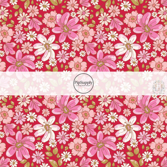 Pink and White Florals on Red Fabric by the Yard.