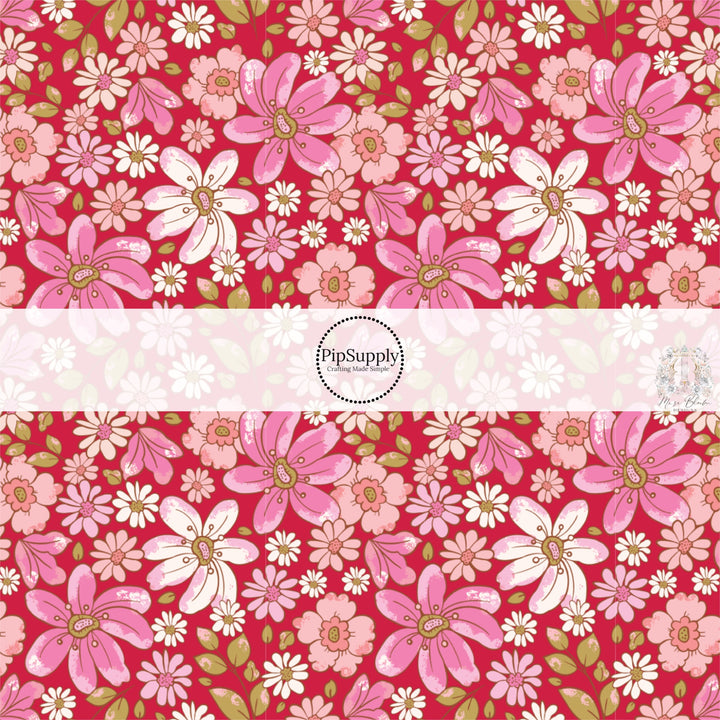 Pink and White Florals on Red Fabric by the Yard.