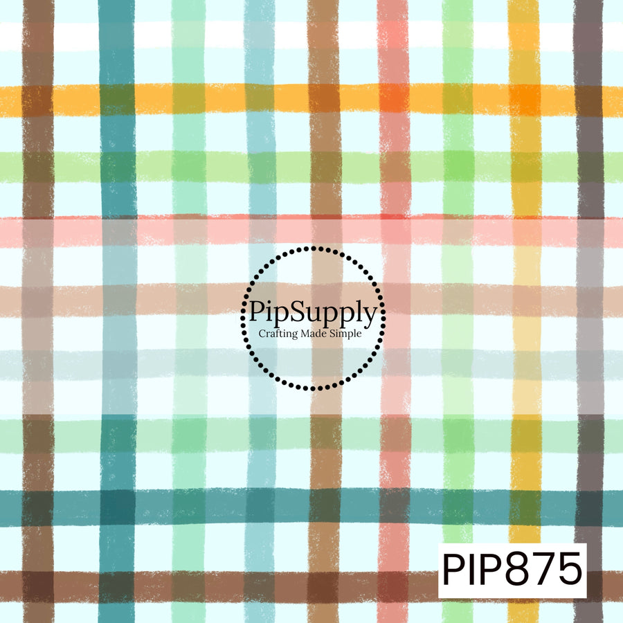 A soft watercolor plaid pattern featuring intersecting vertical and horizontal brushstroke lines in teal, mint green, light aqua, caramel brown, coral pink, fresh green, golden yellow, and charcoal gray on a light blue background. The layered, hand-painted texture creates a relaxed and airy feel, while the colorful palette adds a cheerful coastal charm with a vintage-inspired look.
