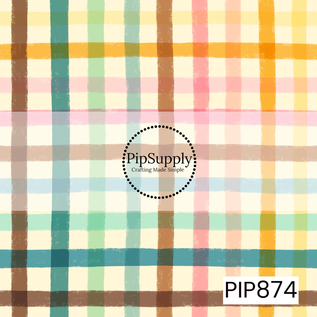 A soft watercolor plaid pattern featuring intersecting vertical and horizontal brushstroke lines in teal, mint green, light aqua, caramel brown, blush pink, peach, golden yellow, and cream on a warm buttery-yellow background. The layered, hand-painted texture creates a cozy and cheerful look, while the pastel rainbow palette adds a sunny, vintage-inspired charm.
