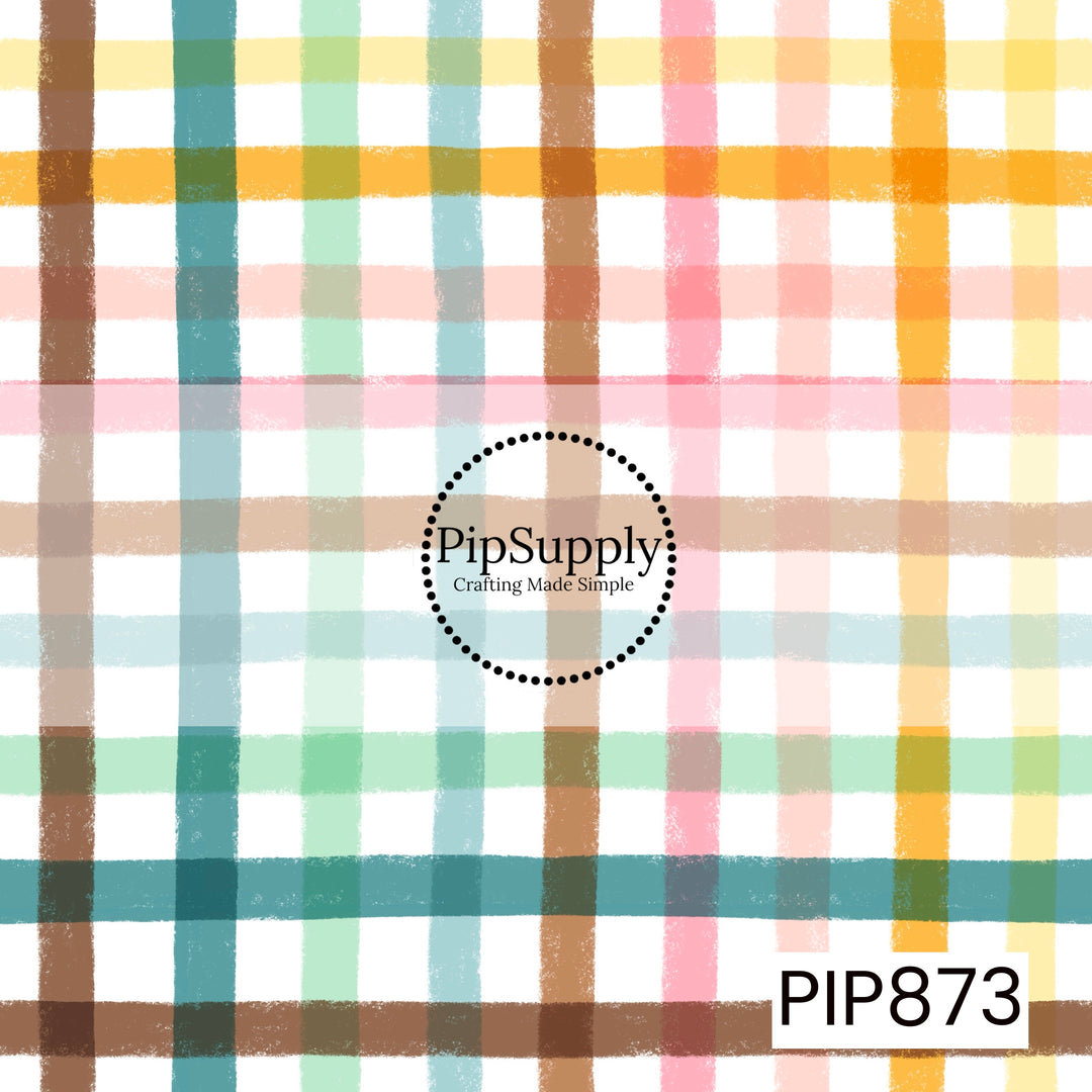 A soft watercolor plaid pattern featuring intersecting vertical and horizontal brushstroke lines in teal, mint green, light aqua, caramel brown, blush pink, pale peach, golden yellow, and cream. The layered, hand-painted texture creates a cozy and whimsical look, while the pastel rainbow palette adds warmth and charm with a vintage-inspired feel.
