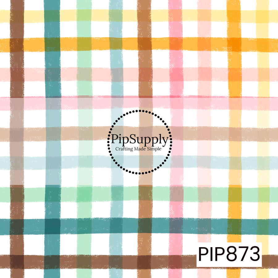 A soft watercolor plaid pattern featuring intersecting vertical and horizontal brushstroke lines in teal, mint green, light aqua, caramel brown, blush pink, pale peach, golden yellow, and cream. The layered, hand-painted texture creates a cozy and whimsical look, while the pastel rainbow palette adds warmth and charm with a vintage-inspired feel.
