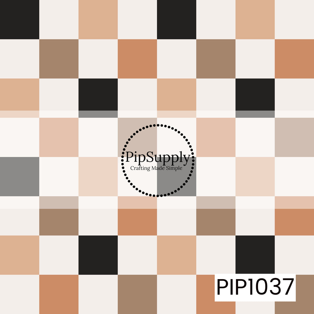 A seamless checkerboard pattern featuring alternating squares in warm Halloween-inspired shades of cream, black, taupe, tan, peach, muted orange, and soft gray. The simple geometric design and earthy color palette create a modern, versatile look with a subtle spooky-season aesthetic.
