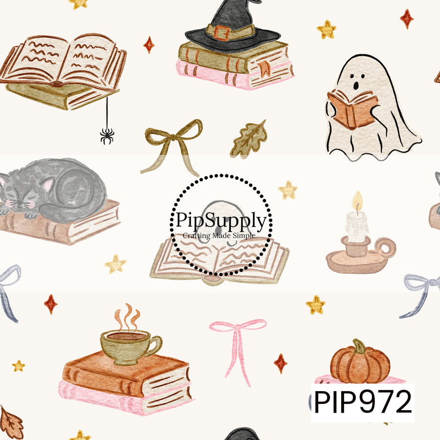 A cozy watercolor design featuring stacked vintage books, a reading ghost, a black cat curled up on a book, a steaming cup of tea, pumpkins, bows, candles, witch hats, autumn leaves, and twinkling stars. Set on a soft cream background, the hand-painted artwork creates a warm, whimsical fall and Halloween aesthetic.

