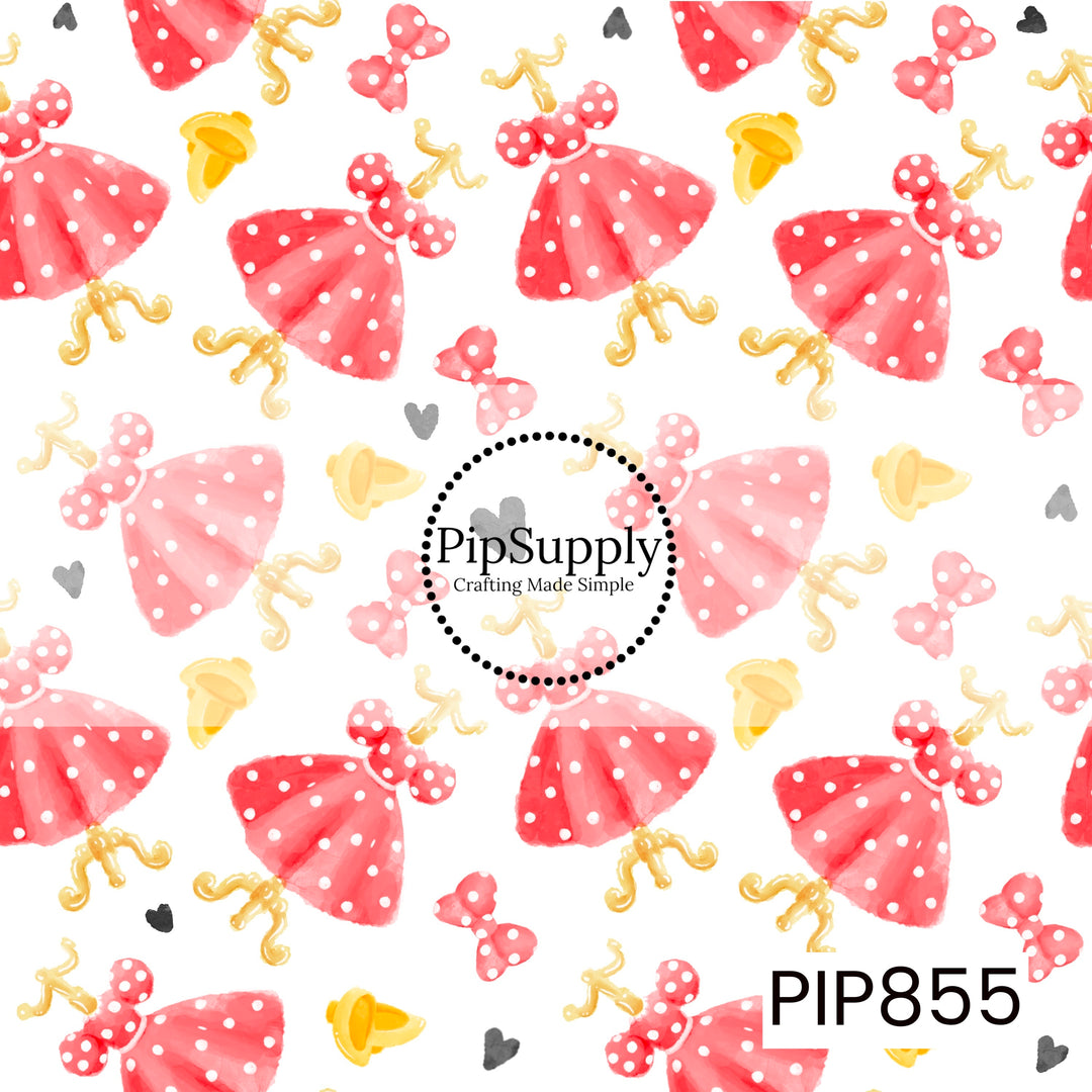 This charming watercolor design features red polka dot dresses with mouse-ear-inspired bodices, paired with matching bows, golden shoes, and scattered heart accents across a soft white background. The playful arrangement and cheerful pink, gold, and gray color palette create a sweet, whimsical look perfect for magical-themed crafts, apparel, bows, and boutique accessories.
