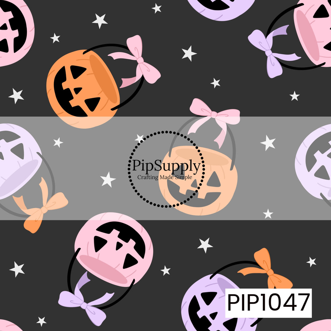 A playful seamless pattern featuring colorful jack-o'-lantern candy buckets in shades of orange, pink, lavender, and peach, each accented with a matching bow tied to the handle. Scattered across a charcoal background with tiny white stars, the design blends cute coquette details with classic Halloween charm for a fun pastel seasonal aesthetic.
