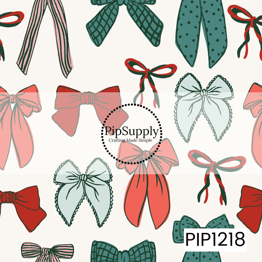 A playful bow pattern featuring a mix of hand-drawn ribbon styles in festive shades of red, pink, teal, and soft blue. Plaid, polka dot, striped, lace-edged, and delicate tied bows are scattered across a warm cream background for a whimsical holiday look.
