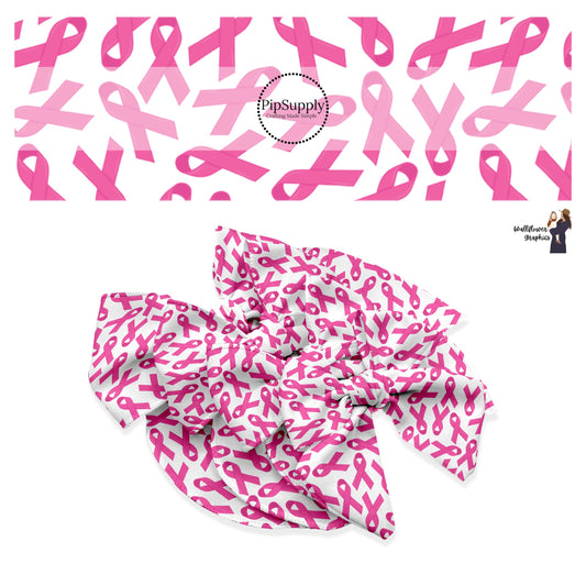 These Breast Cancer Awareness themed no sew bow strips can be easily tied and attached to a clip for a finished hair bow. These pattern bow strips are great for personal use or to sell. The bow strips features breast cancer ribbons in dark pink on white. 