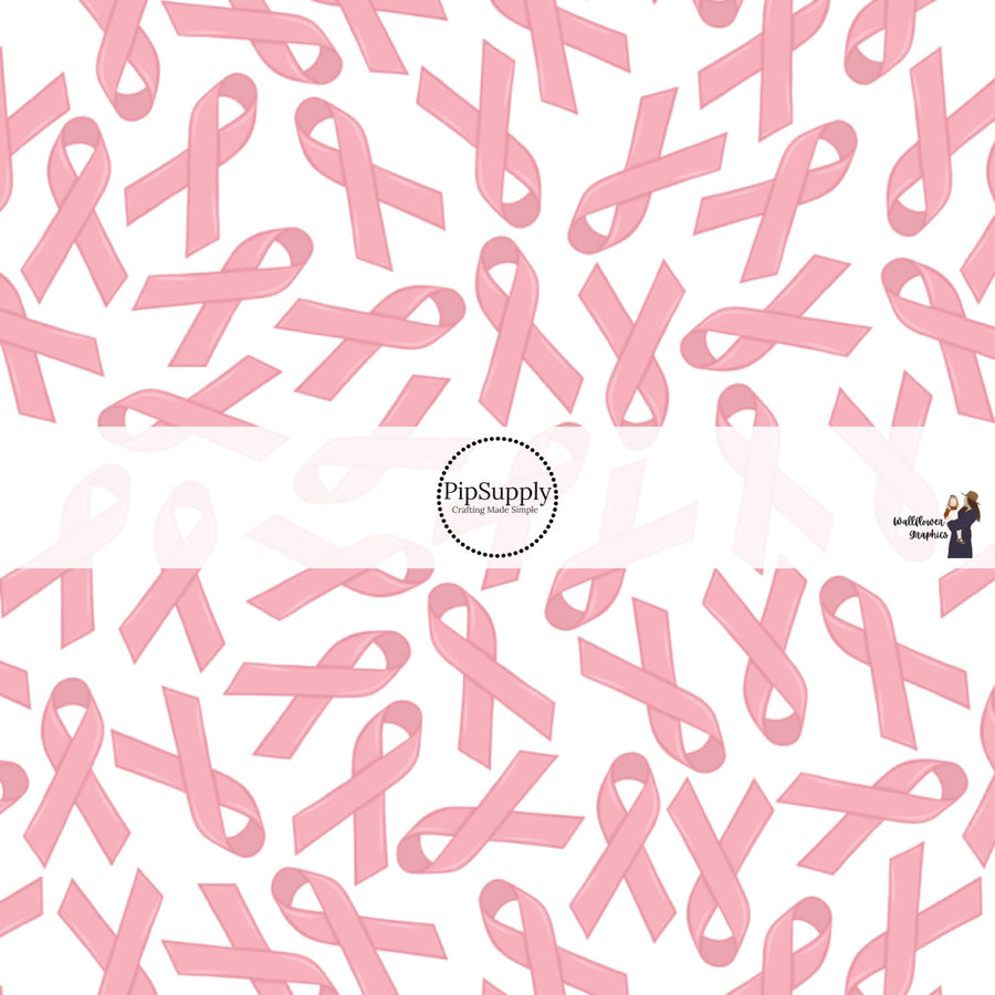 These Breast Cancer Awareness fabric by the yard features breast cancer ribbons in light pink on white. This pattern fabric can be used for all your sewing and crafting needs!