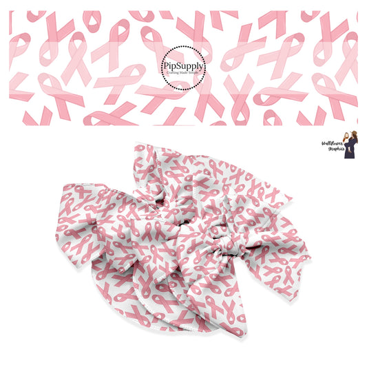 These Breast Cancer Awareness themed no sew bow strips can be easily tied and attached to a clip for a finished hair bow. These pattern bow strips are great for personal use or to sell. The bow strips features breast cancer ribbons in light pink on white. 