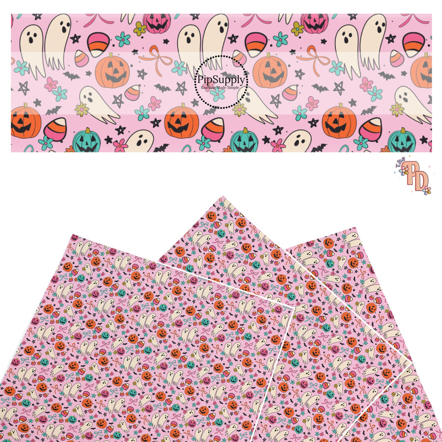 These Halloween themed pattern faux leather sheets contain the following design elements: pumpkins and ghost surrounded by tiny flowers on pink. Our CPSIA compliant faux leather sheets or rolls can be used for all types of crafting projects.