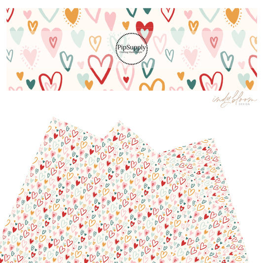 These Valentine's pattern themed faux leather sheets contain the following design elements: red, light pink, aqua, teal, and mustard colored doodle hearts on cream. Our CPSIA compliant faux leather sheets or rolls can be used for all types of crafting projects.