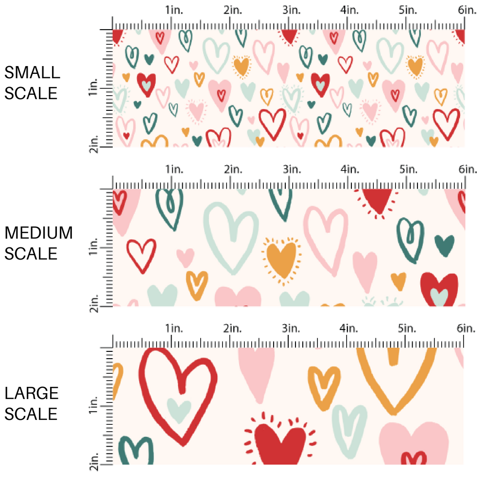 Multi-Colored Doodled Hearts on Cream Fabric by the Yard scaled image guide.