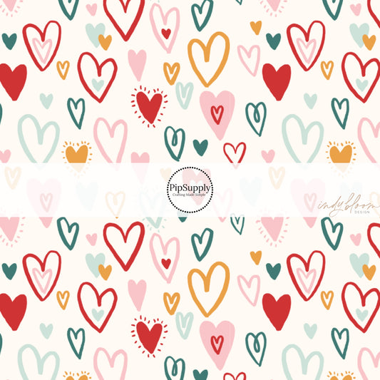 Multi-Colored Doodled Hearts on Cream Fabric by the Yard