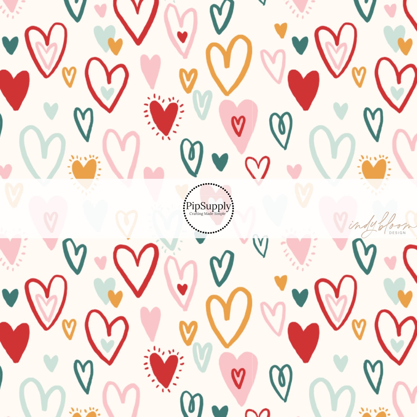 Multi-Colored Doodled Hearts on Cream Fabric by the Yard