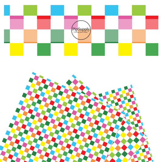 These St. Patrick's Day pattern themed faux leather sheets contain the following design elements: bright rainbow checkered pattern. Our CPSIA compliant faux leather sheets or rolls can be used for all types of crafting projects.