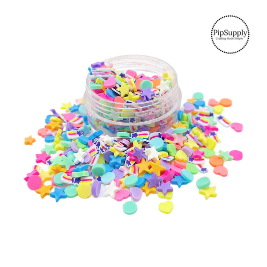 This pastel multi colored clay slices mix is versatile for many craft projects. This spring mix has clay slices of shooting stars, circles, and hearts. You can use it to add sparkle and decoration to resin projects, filling for shaker bows, slime making, party decor, scrapbooking, card making and nail art. 