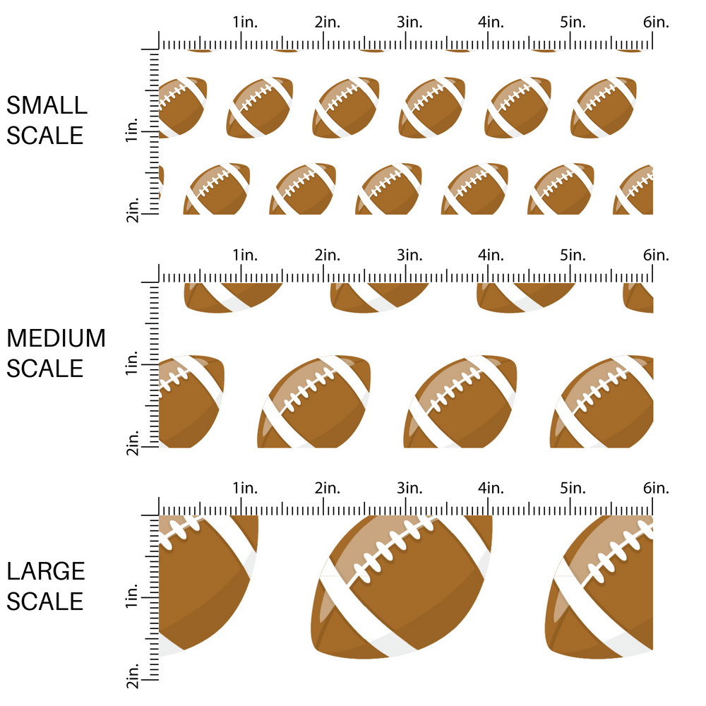 Brown and White Footballs in rows on white fabric by the yard scaled image guide.