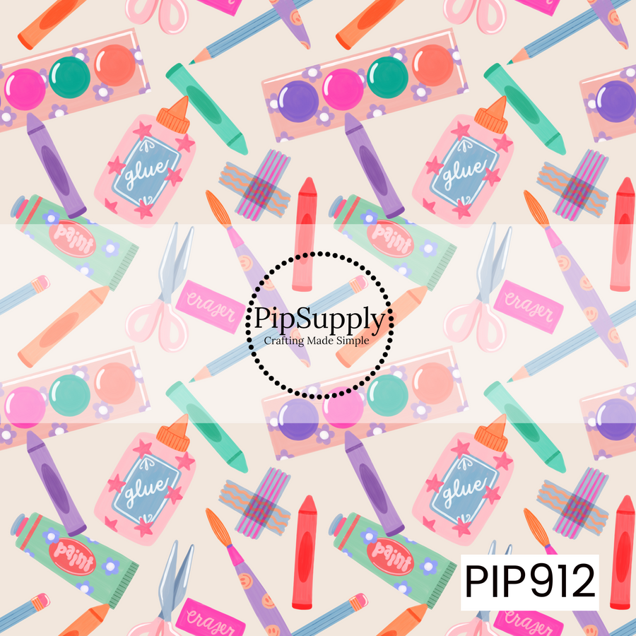 A playful arts-and-crafts pattern featuring colorful school supplies scattered across a soft beige background. Paint palettes, glue bottles, crayons, pencils, paint tubes, scissors, brushes, and decorative washi tape create a fun, creative design in cheerful pastel shades of pink, purple, teal, coral, and blue. Perfect for little artists and back-to-school projects.
