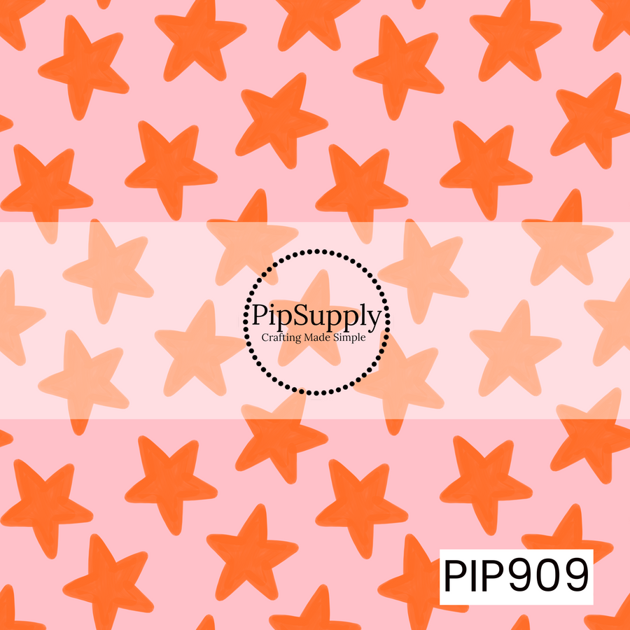 A playful scattered starfish pattern featuring bright coral-orange starfish silhouettes tossed across a soft blush pink background. The hand-drawn star shapes create a fun coastal feel, while the warm tropical color palette adds a cheerful, beachy charm. Simple, vibrant, and whimsical, this pattern evokes sunny shorelines, seaside adventures, and carefree summer days.
