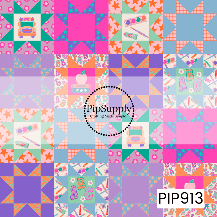 A colorful patchwork quilt pattern featuring school-themed blocks in bright pink, purple, teal, peach, and blue. The design combines classic quilt stars and geometric shapes with playful back-to-school icons including a school bus, apple, art supplies, alphabet letters, flowers, and smiley faces. A cheerful, nostalgic design perfect for celebrating learning, creativity, and classroom fun.
