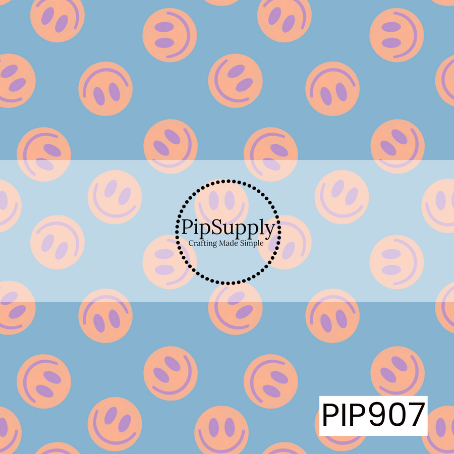 A playful scattered smiley-face pattern featuring soft peach smiley icons with lavender details on a muted blue background. The simple, retro-inspired faces are arranged in a tossed layout, creating a fun and carefree look. With its pastel color palette and cheerful design, this pattern evokes positivity, nostalgia, and laid-back summer vibes.
