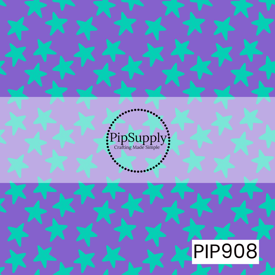 A playful scattered starfish pattern featuring bright teal starfish silhouettes tossed across a vibrant purple background. The simple, hand-drawn shapes create a fun coastal feel, while the bold contrasting colors give the design a retro-inspired, energetic look. Cheerful and whimsical, this pattern evokes sunny beach days, ocean adventures, and carefree summer vibes.
