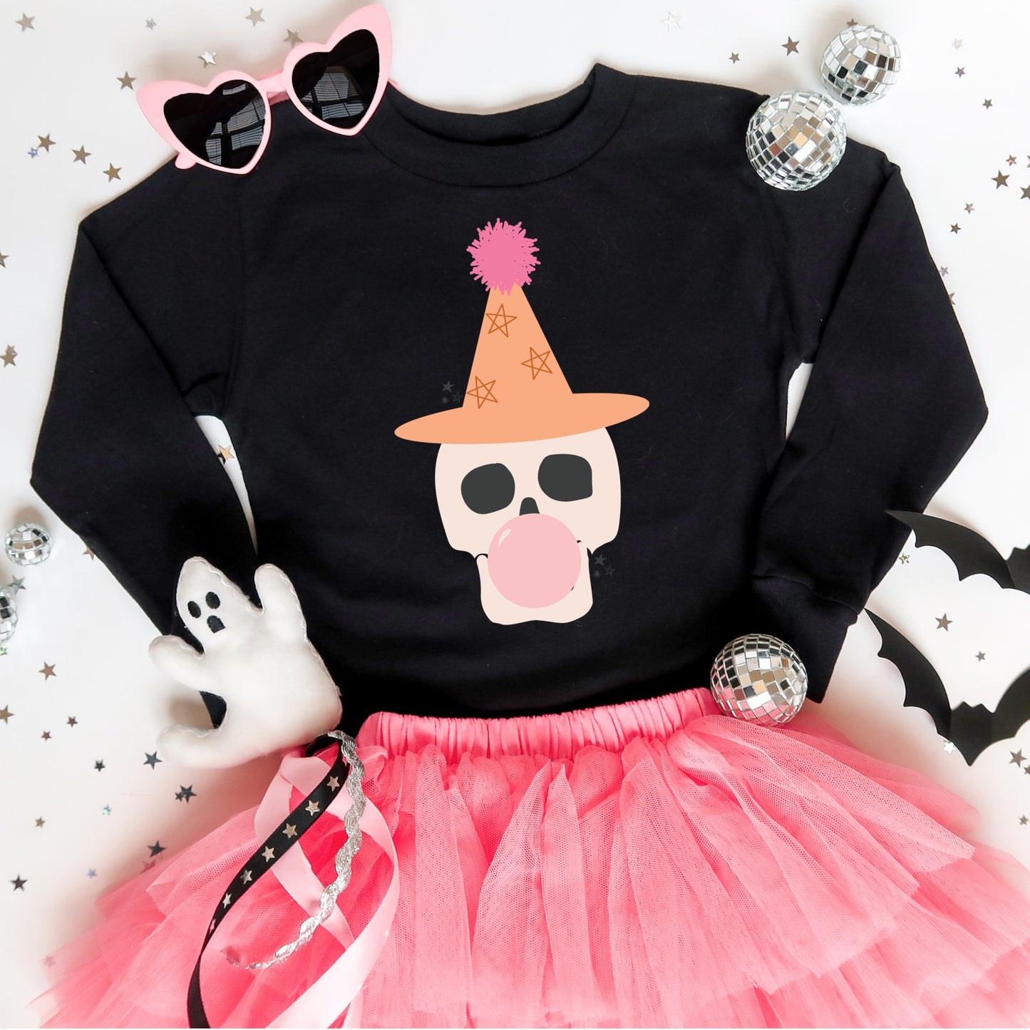 Party skeleton skull blowing bubble gum iron on heat transfer.