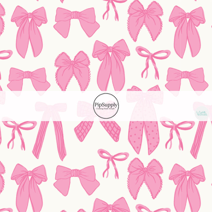 Bubble Pink Ribbons and Bows on White Fabric by the Yard.