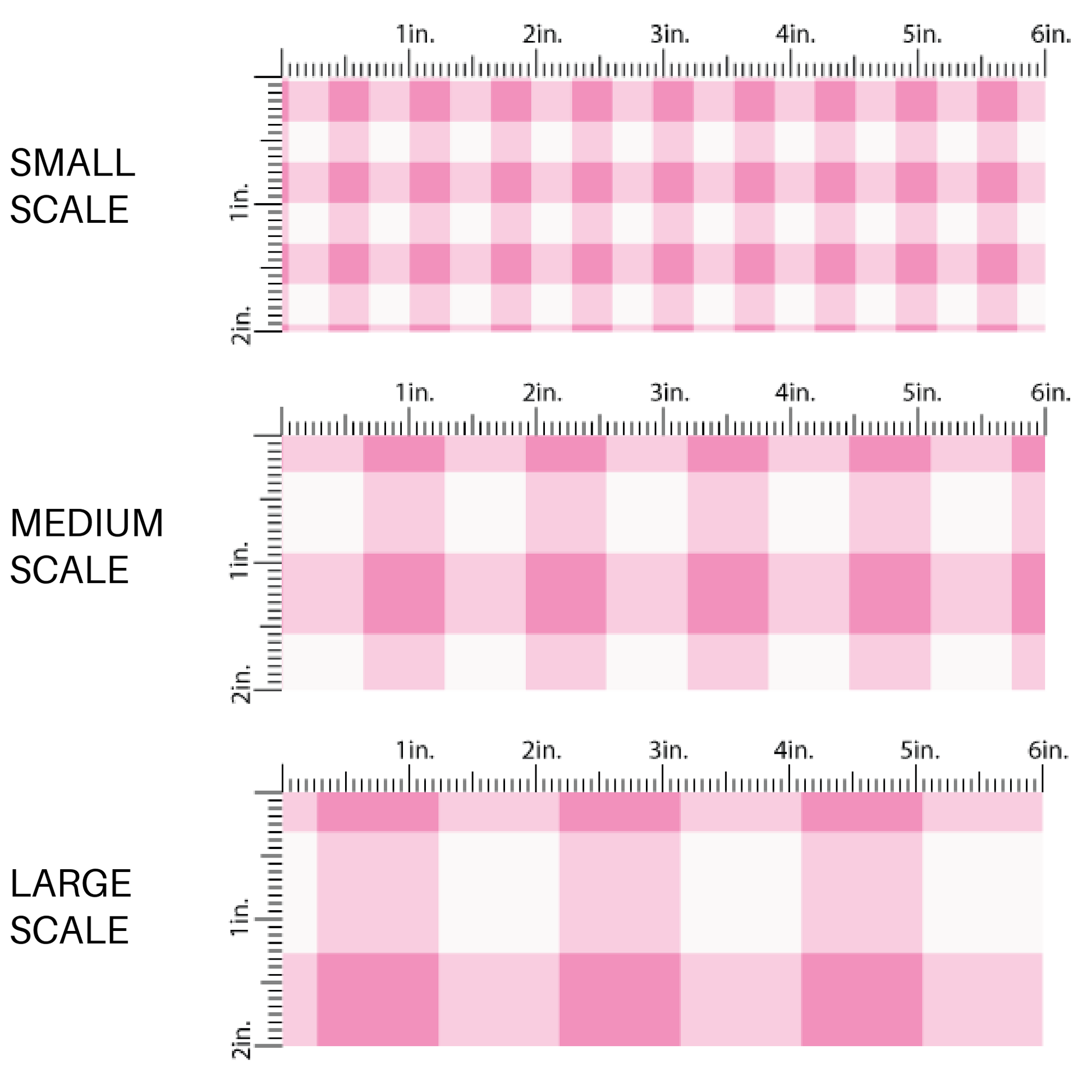 This scale chart of small scale, medium scale, and large scale of these holiday pattern themed fabric by the yard features light pink and white plaid pattern. This fun Christmas fabric can be used for all your sewing and crafting needs!