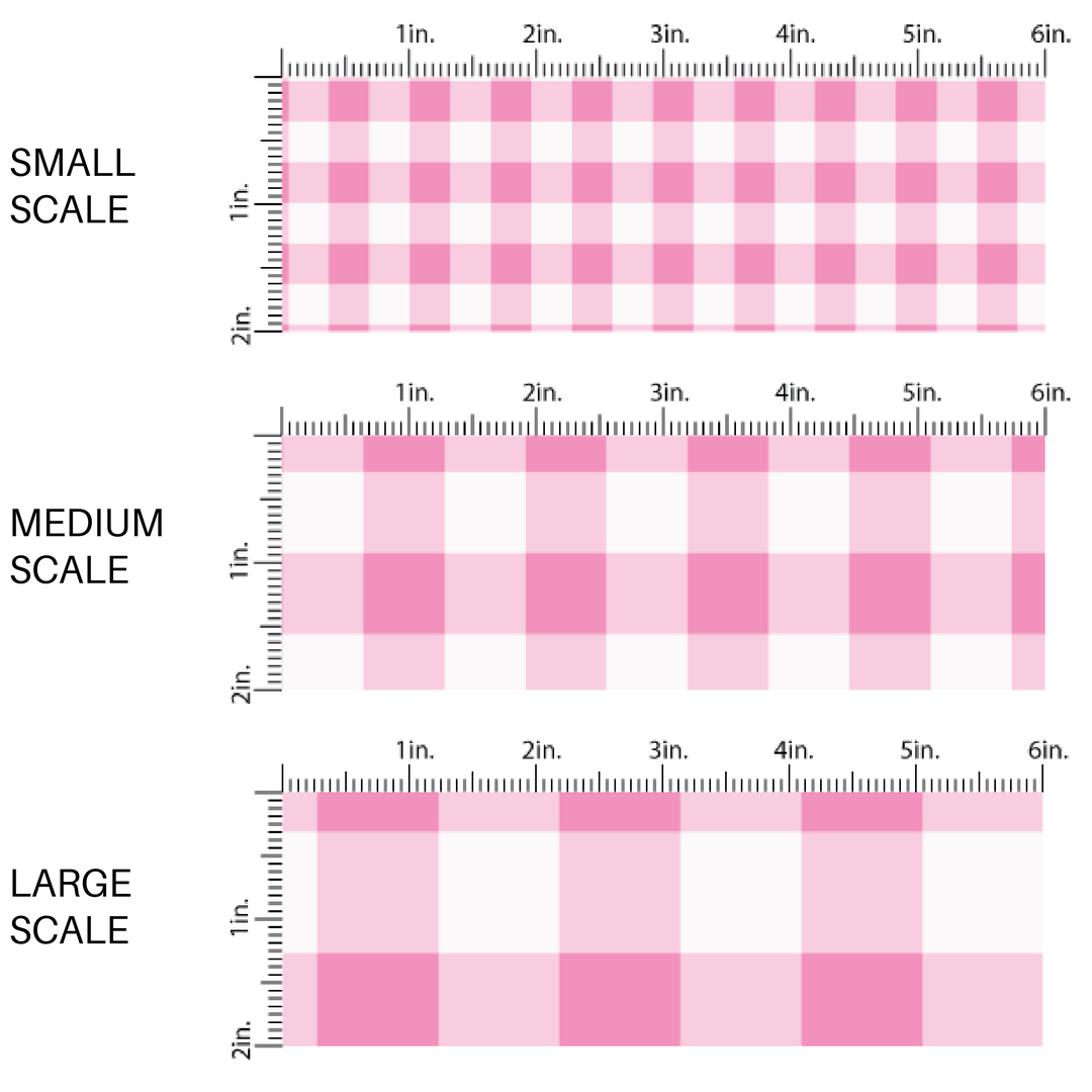 This scale chart of small scale, medium scale, and large scale of these holiday pattern themed fabric by the yard features light pink and white plaid pattern. This fun Christmas fabric can be used for all your sewing and crafting needs!