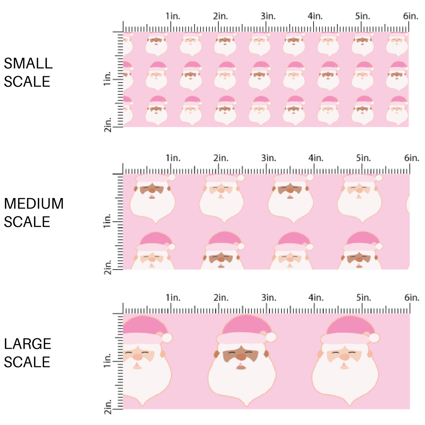 This scale chart of small scale, medium scale, and large scale of these holiday pattern themed fabric by the yard features Santas with pink Christmas hats on light pink. This fun Christmas fabric can be used for all your sewing and crafting needs!