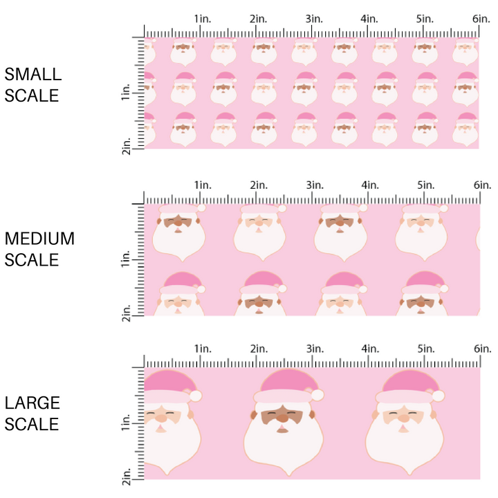 This scale chart of small scale, medium scale, and large scale of these holiday pattern themed fabric by the yard features Santas with pink Christmas hats on light pink. This fun Christmas fabric can be used for all your sewing and crafting needs!