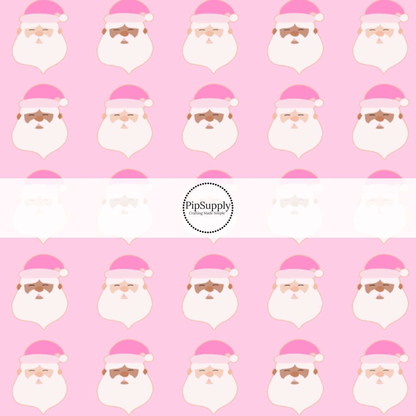 These holiday pattern themed fabric by the yard features Santas with pink Christmas hats on light pink. This fun Christmas fabric can be used for all your sewing and crafting needs!
