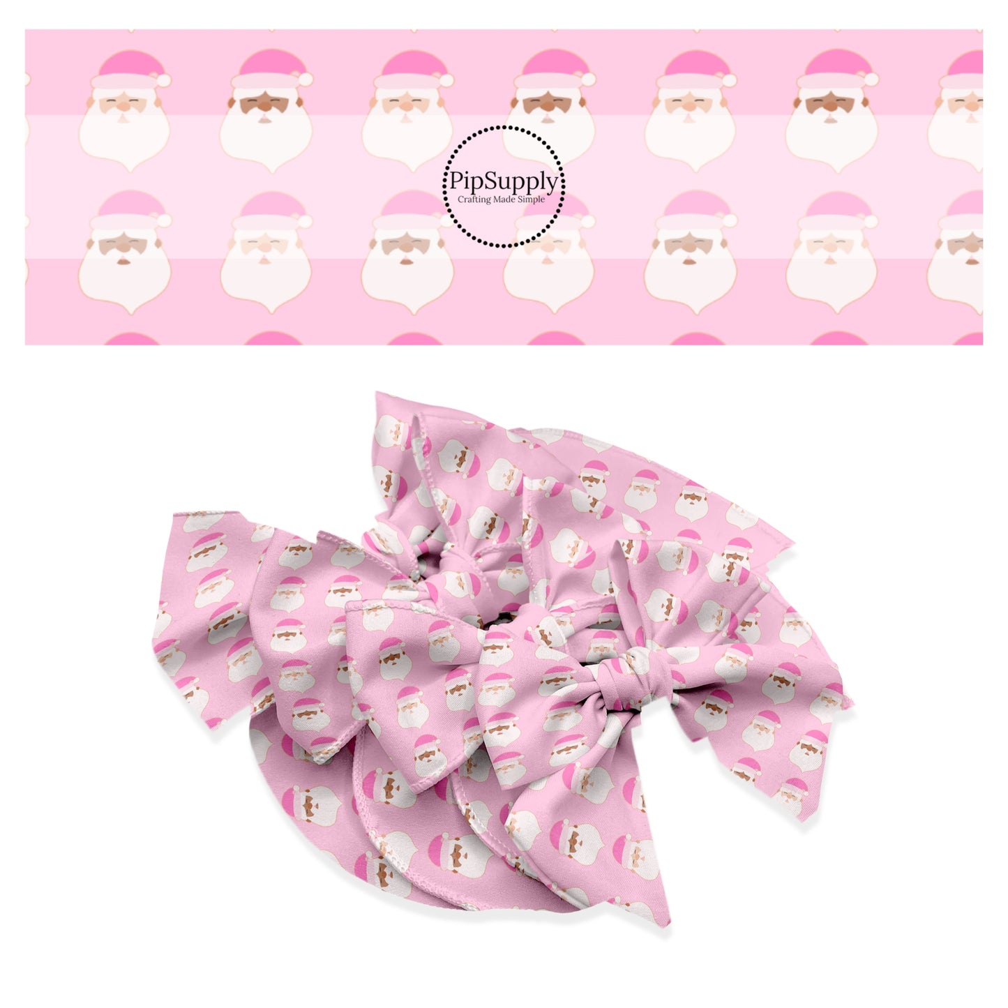 These holiday pattern themed no sew bow strips can be easily tied and attached to a clip for a finished hair bow. These Christmas bow strips are great for personal use or to sell. The bow strips features Santas with pink Christmas hats on light pink.