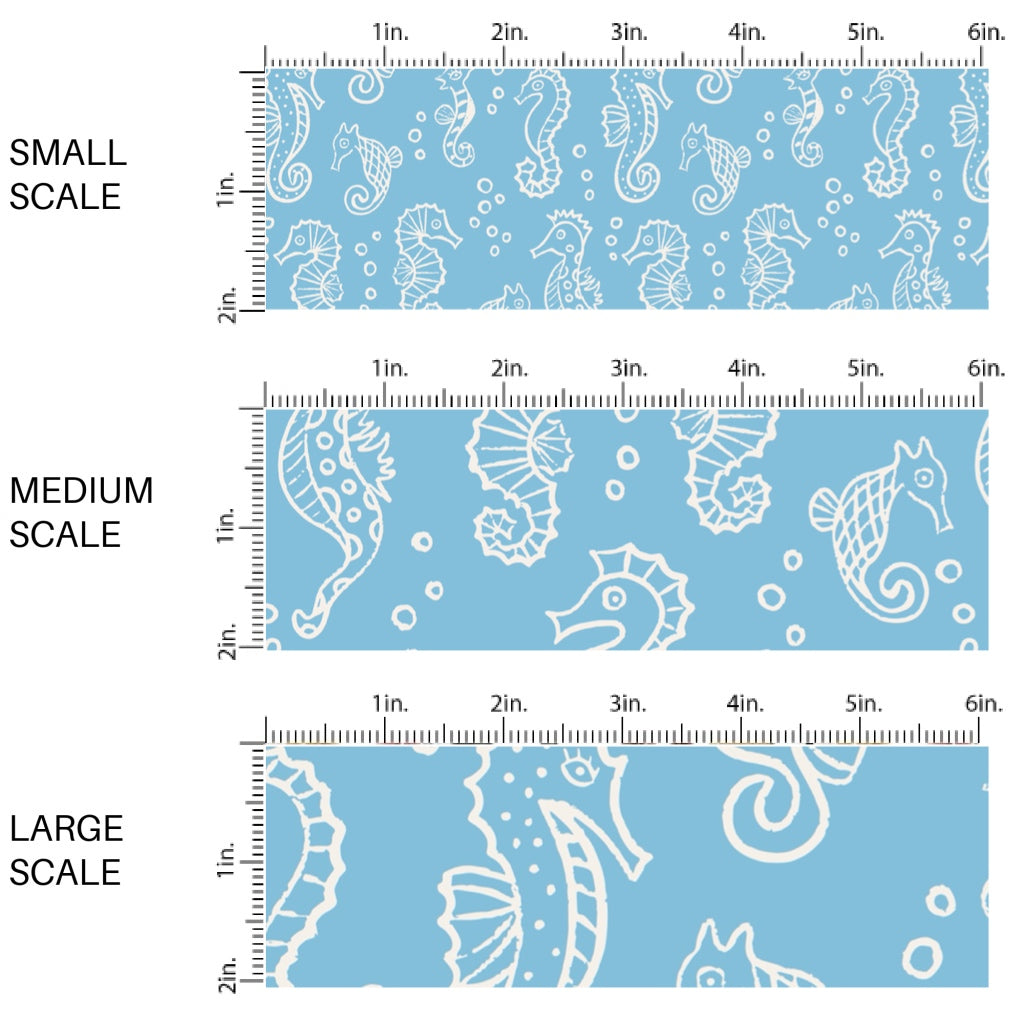 This scale chart of small scale, medium scale, and large scale of this ocean fabric by the yard features white seahorses on blue. This fun themed fabric can be used for all your sewing and crafting needs!