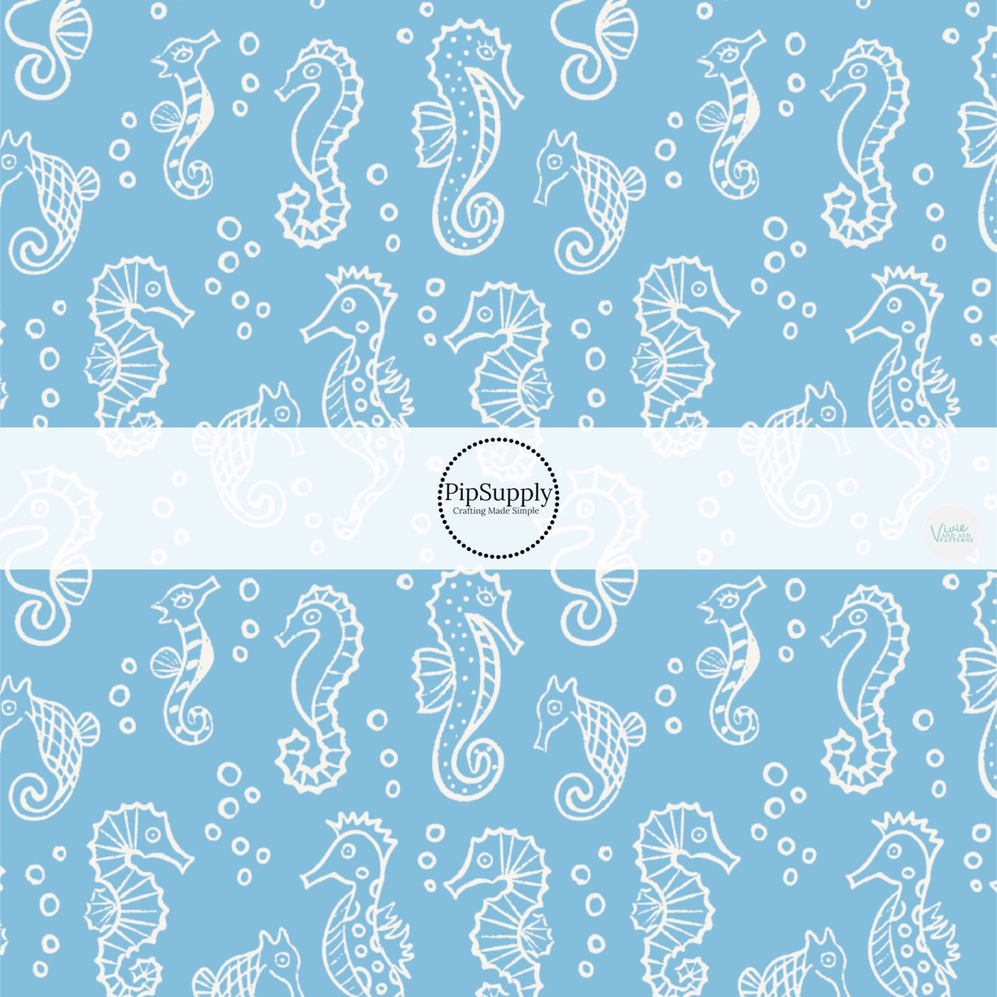 This ocean fabric by the yard features white seahorses on blue. This fun themed fabric can be used for all your sewing and crafting needs!